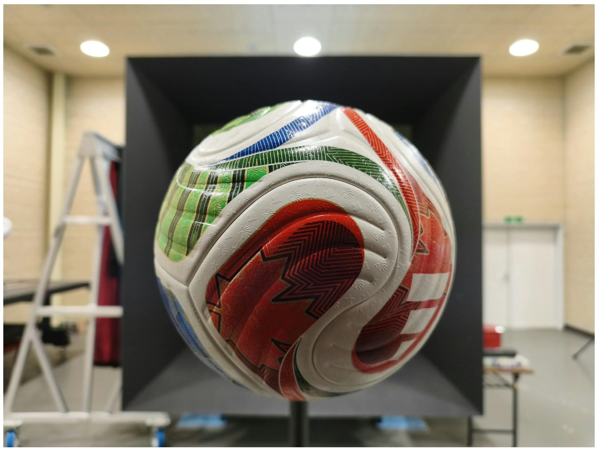 A ball is seen suspended.