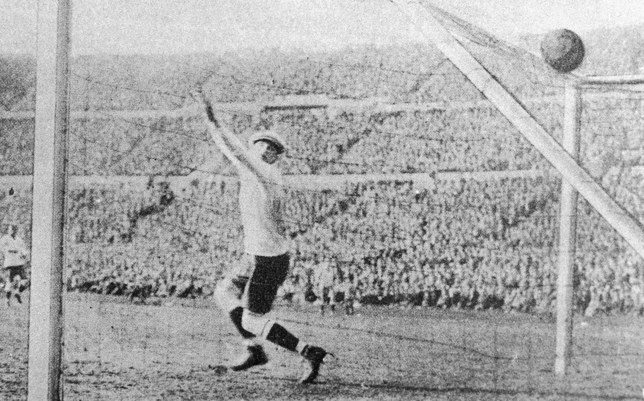 A ball nestles in the top of a goal.