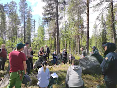 Twenty or so people sitting in circle chatting in pine forest.