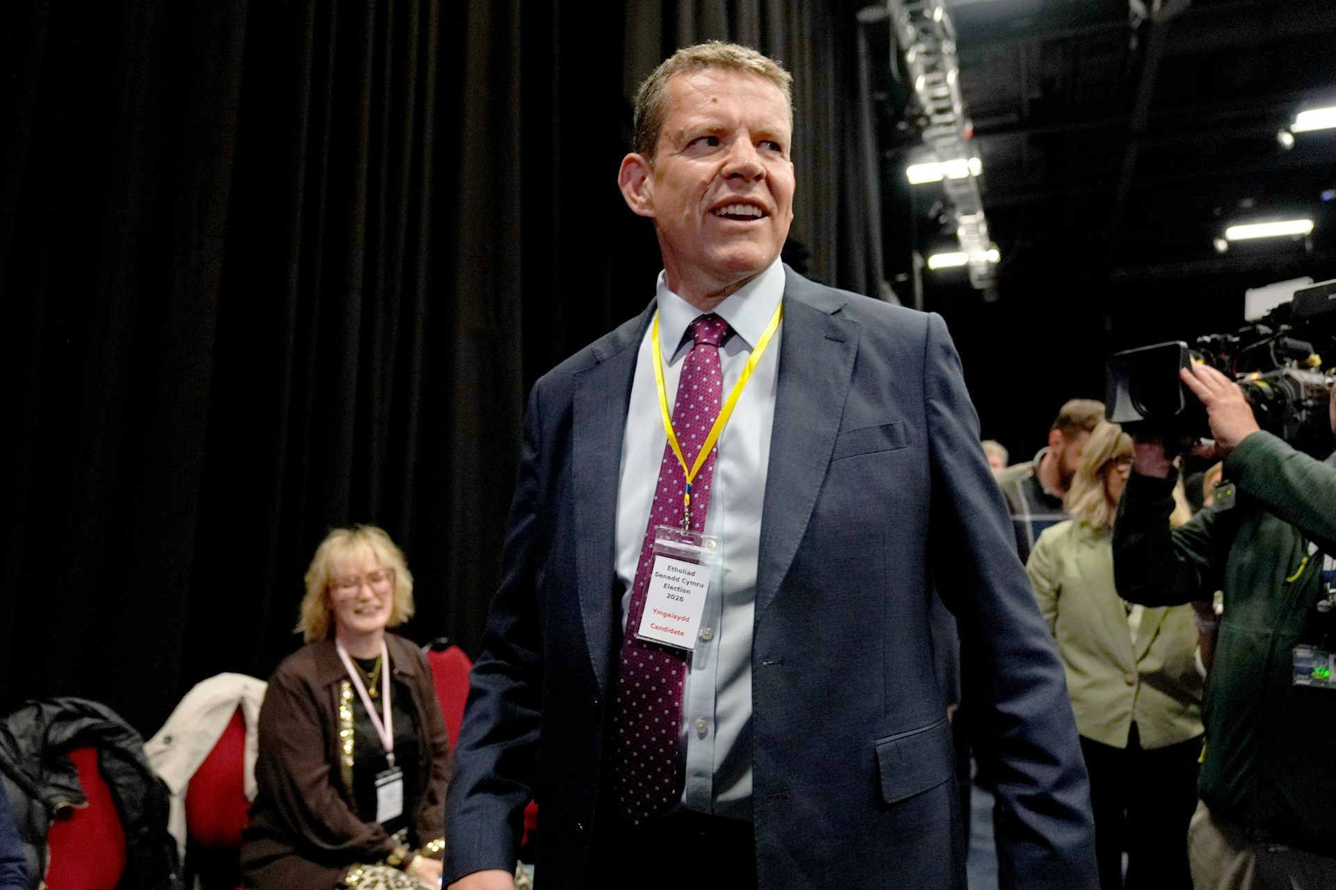 Rhun ap Iorwerth, leader of Plaid Cymru, arriving at the Senedd election counting centre, Llandudno