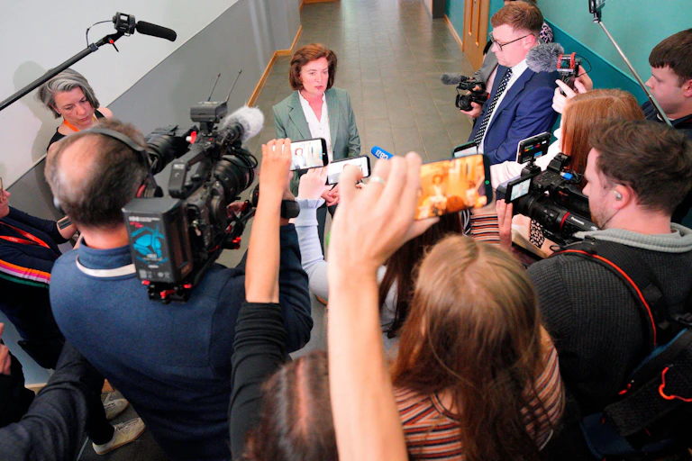 Eluned Morgan speaking to the media after losing her seat