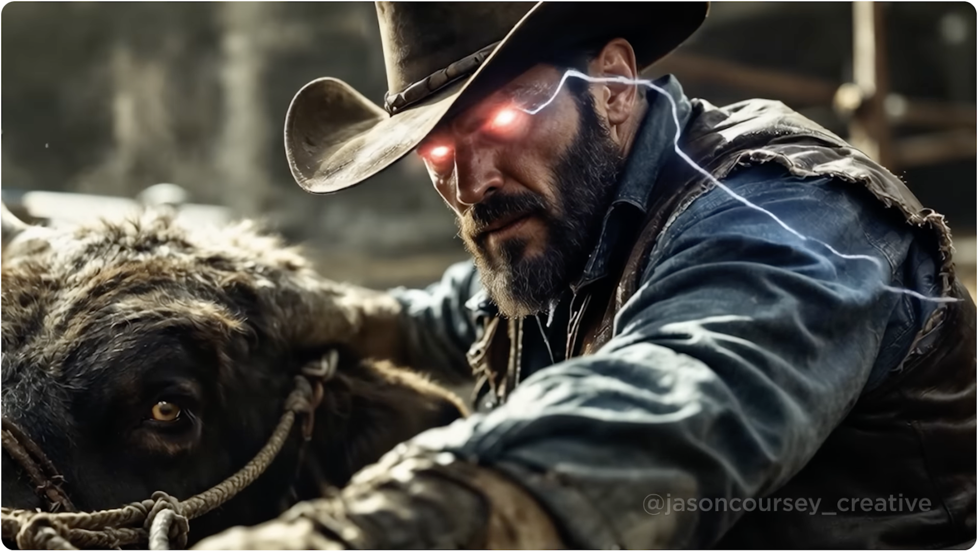 Un hombre blanco de rostro sombrío con un sombrero de vaquero y relámpagos saliendo de sus ojos.