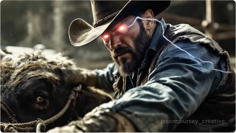 Cómo los himnos musicales generados por IA apoyan el separatismo de Alberta 2 Un hombre blanco de rostro sombrío con un sombrero de vaquero y relámpagos saliendo de sus ojos.