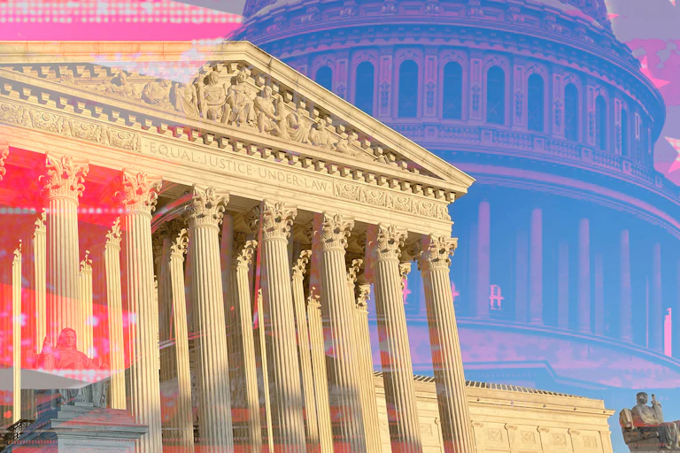 A large white, columned building shadowed by red and blue and the US Capitol building.