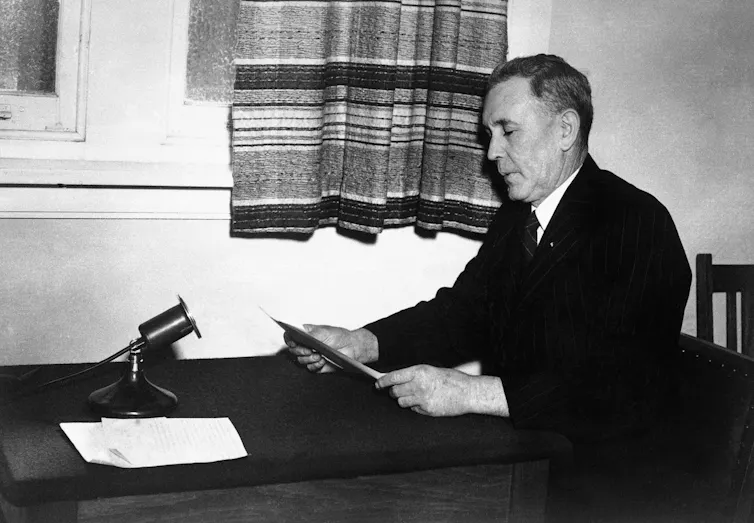 Ben Chifley, seen during the national broadcast from Canberra