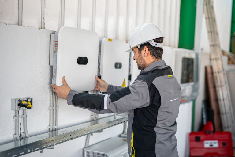 A man in grey workwear and hard hat installs a battery on a wall