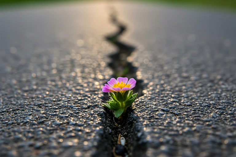 Una flor emerge del asfalto.