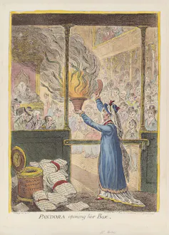 Dibujo de una mujer que sujeta un recipiente del que salen luces.