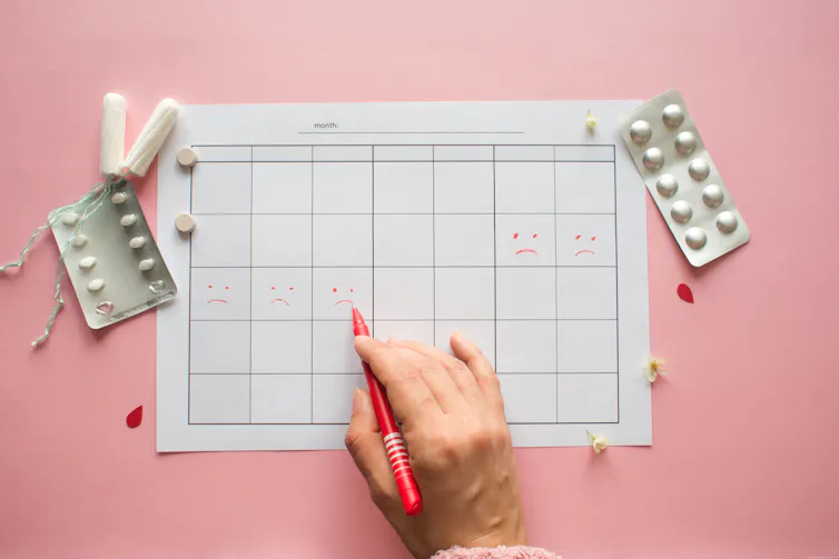 A persons's hand marks a calendar with frowny faces over five-days to depict menstruation.