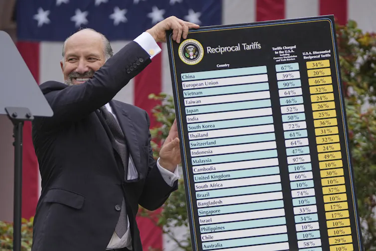 Commerce Secretary Howard Lutnick, smiling, holds a large chart laying out countries' tariff rates as President Donald Trump announces new tariffs at the White House on April 2, 2025.