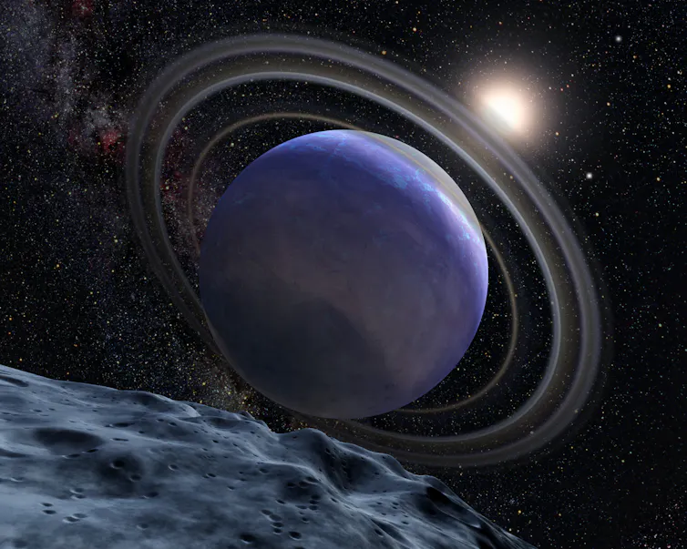 An artistic illustration of the giant planet HR 8799b.