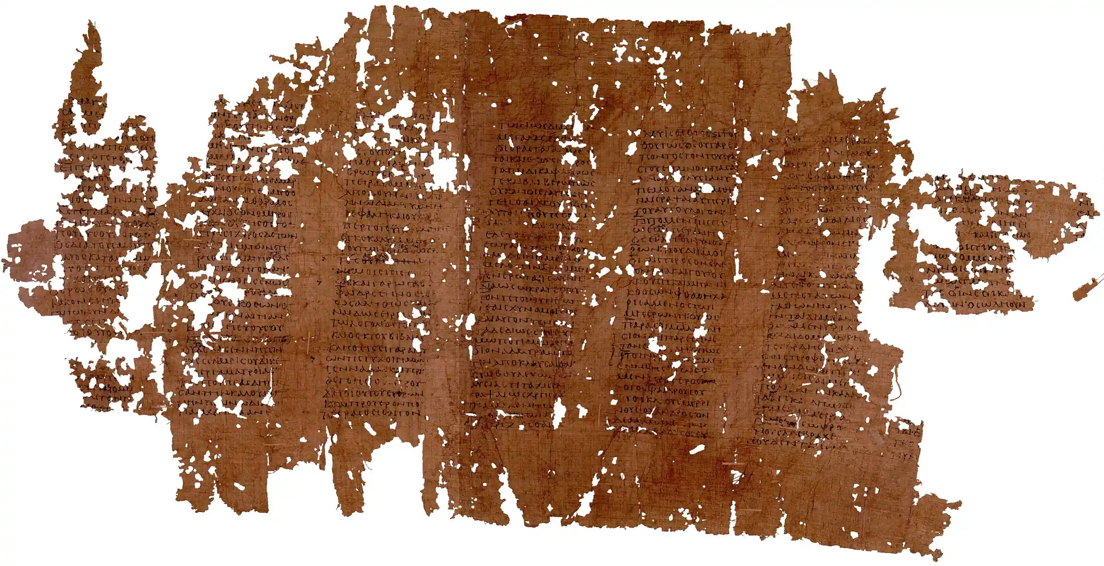 A dark brown material with so many holes it barely holds together, printed with small text in black ink.