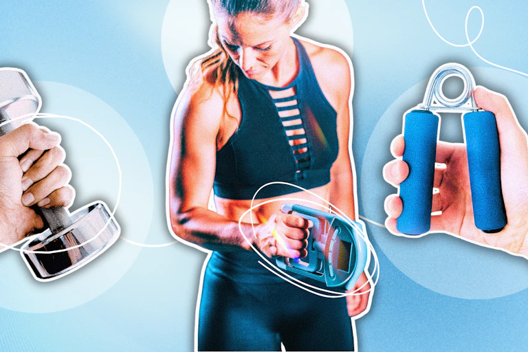 Composite image of a woman holding a device to test her grip strength, and other hands holding weights and devices to strengthen muscles and grip