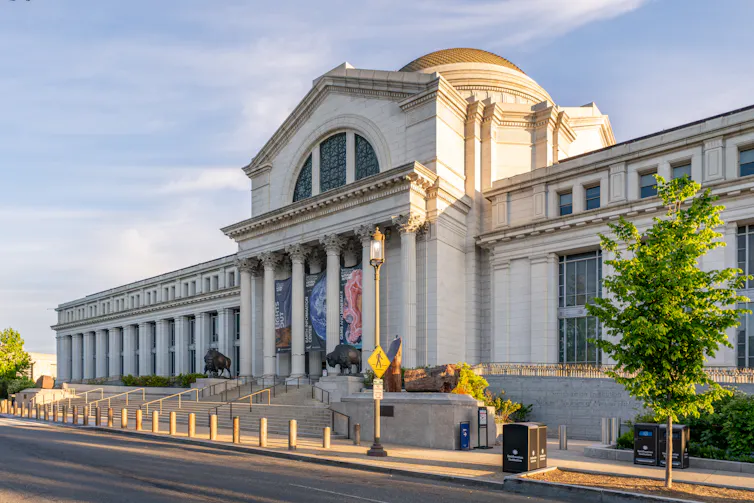 The facade of a grand building.