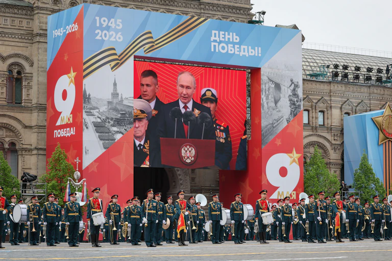 Vladimir Putin's delivers his Victory Day speech on video in Red Square, Moscow May 9.
