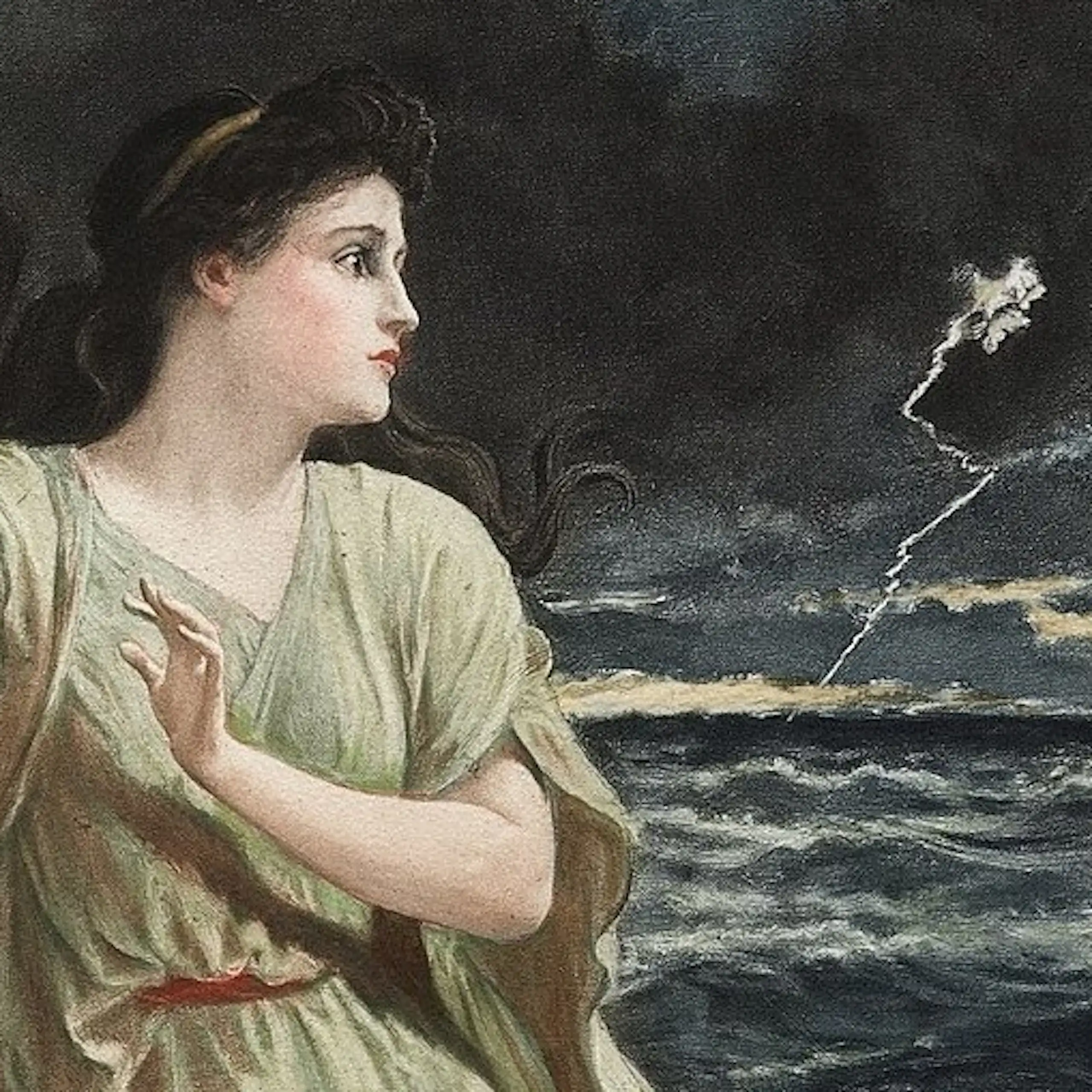 Painting of a Grecian woman with a storm raging at sea behind her.
