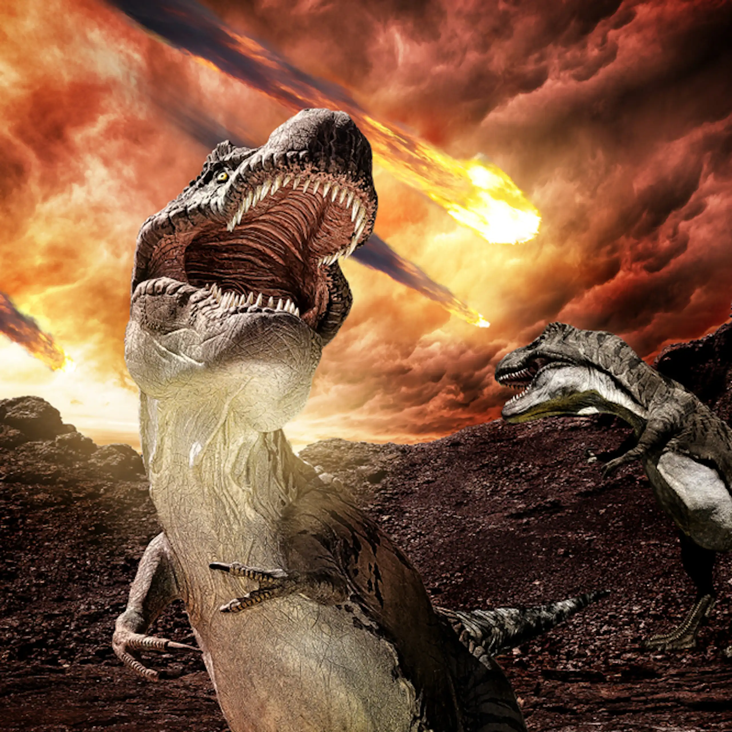 Des dinosaures avec une boule de feu en arrière-plan.