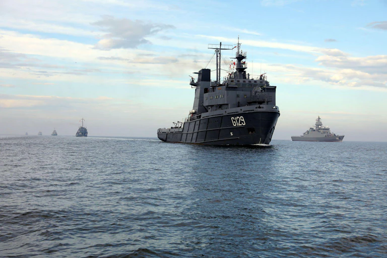 A group of warships doing exercises on the Caspian Sea.