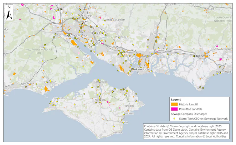 map of portsmouth area showing locations of landfills and sewage overflows with red dots