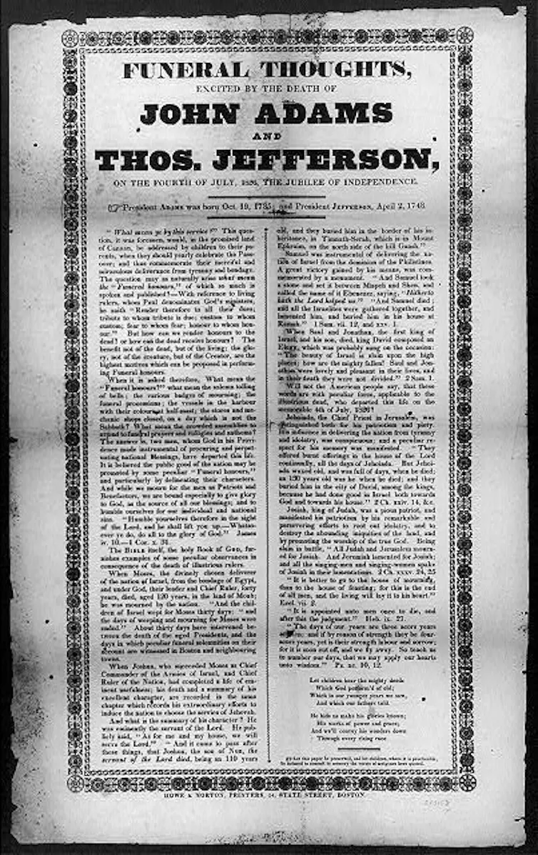 A single page publication with the title 'FUNERAL THOUGHTS EXCITED BY THE DEATH OF JOHN ADAMS AND THOS. JEFFERSON'
