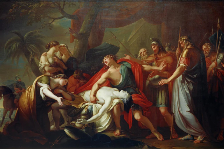 Painting showing Achilles weeping over the corpse of his lover Patroclus.