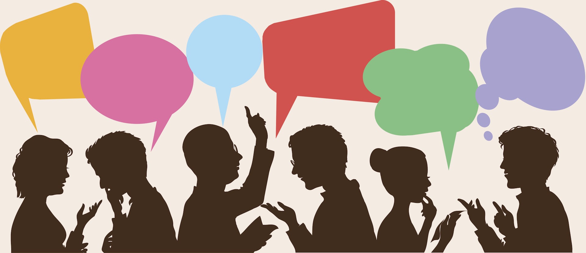 Silhouettes of people with colorful speech bubbles above them are seen in a cartoon image.