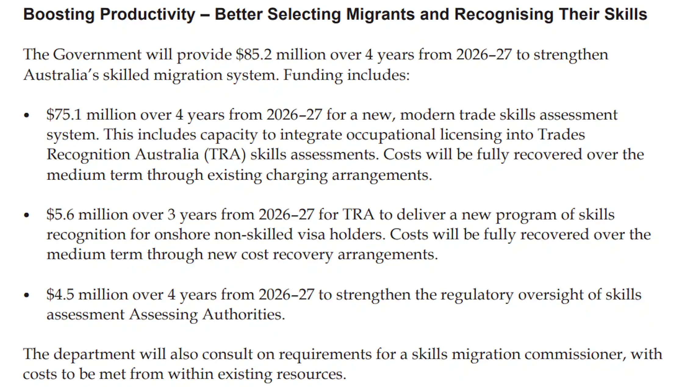 Text from the budget showing changes to the skills assessment system