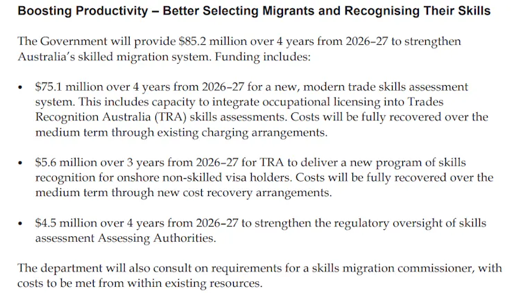 Text from the budget showing changes to the skills assessment system