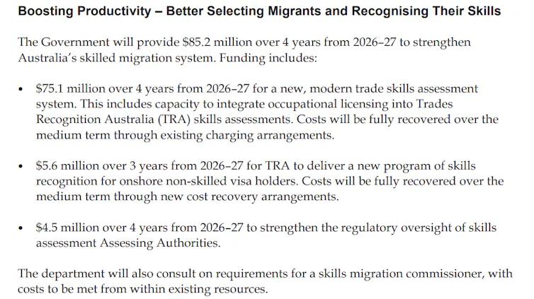 Text from the budget showing changes to the skills assessment system