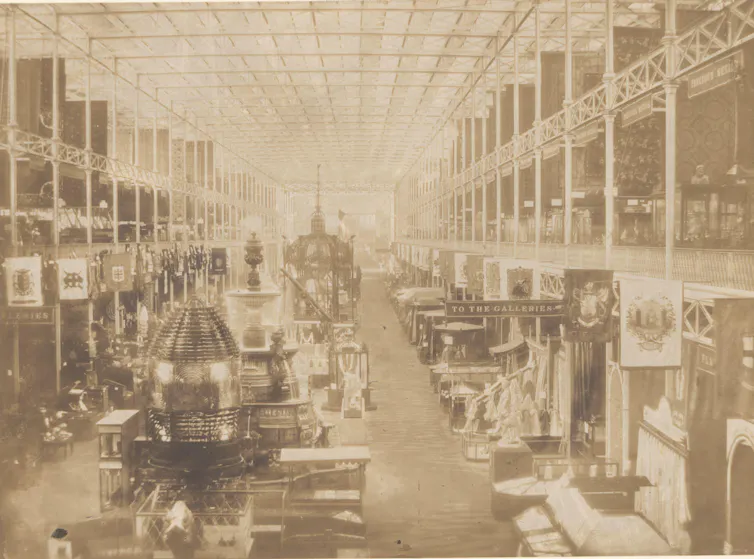 Sepia photograph – a great hall with interesting machines.