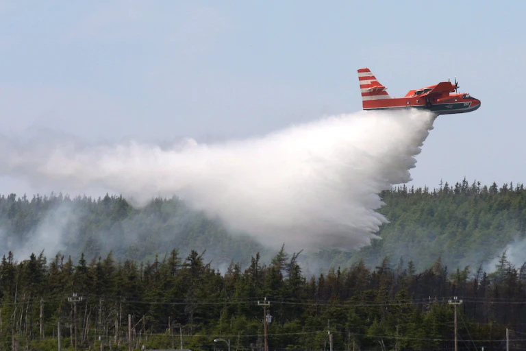 A water bomber drops water on a smoking forest