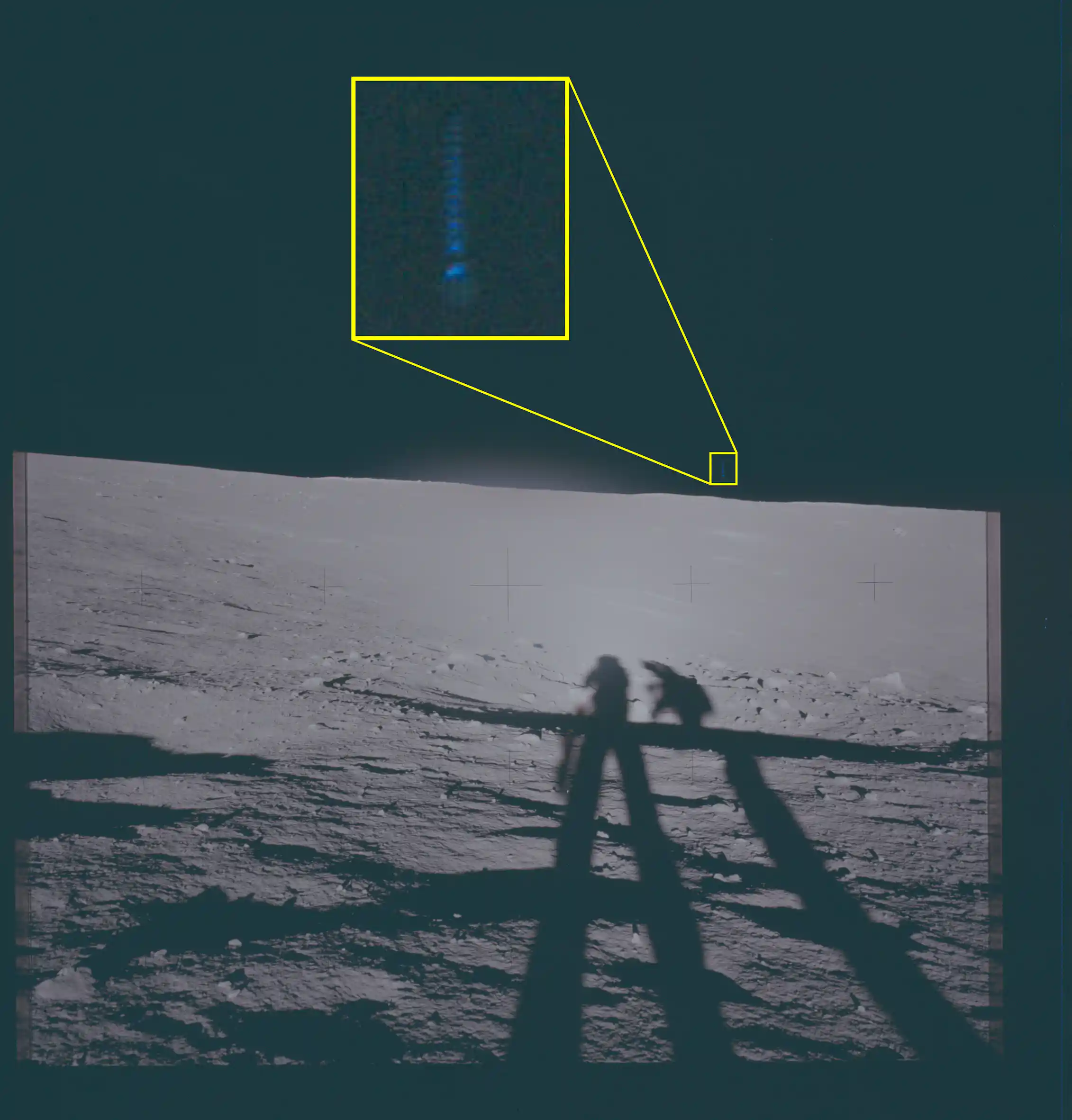 Lunar photo showing a small streak of light above the horizon.