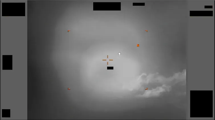 A grey scale image showing sights and a white diamond against a cloudy background.