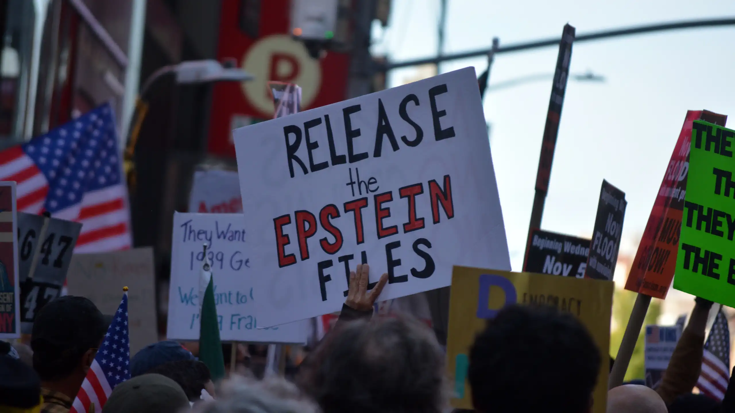 A protestor holds up a sign that says release the Epstein files