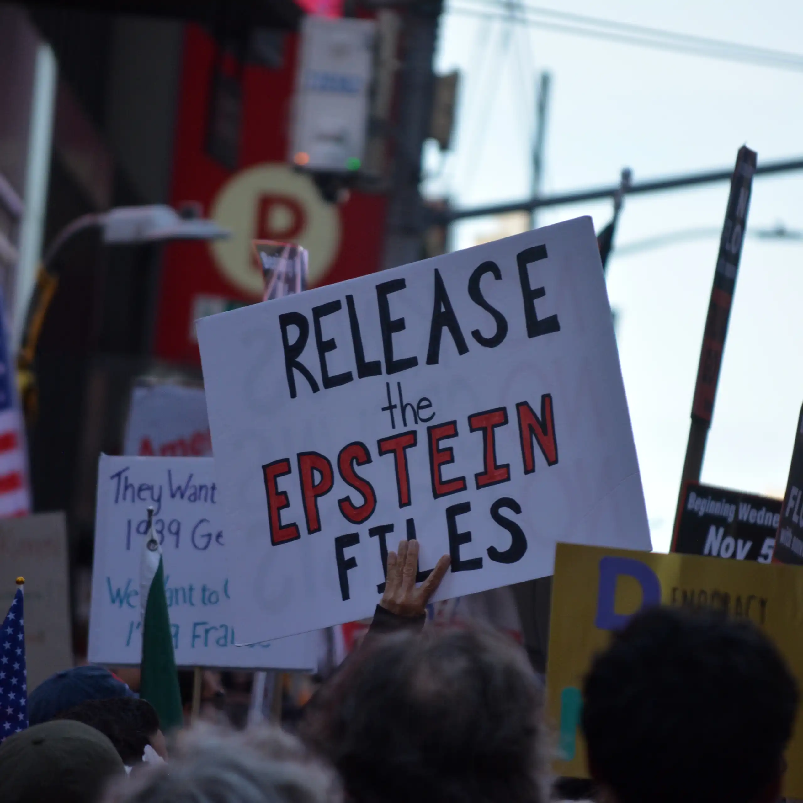 A protestor holds up a sign that says release the Epstein files
