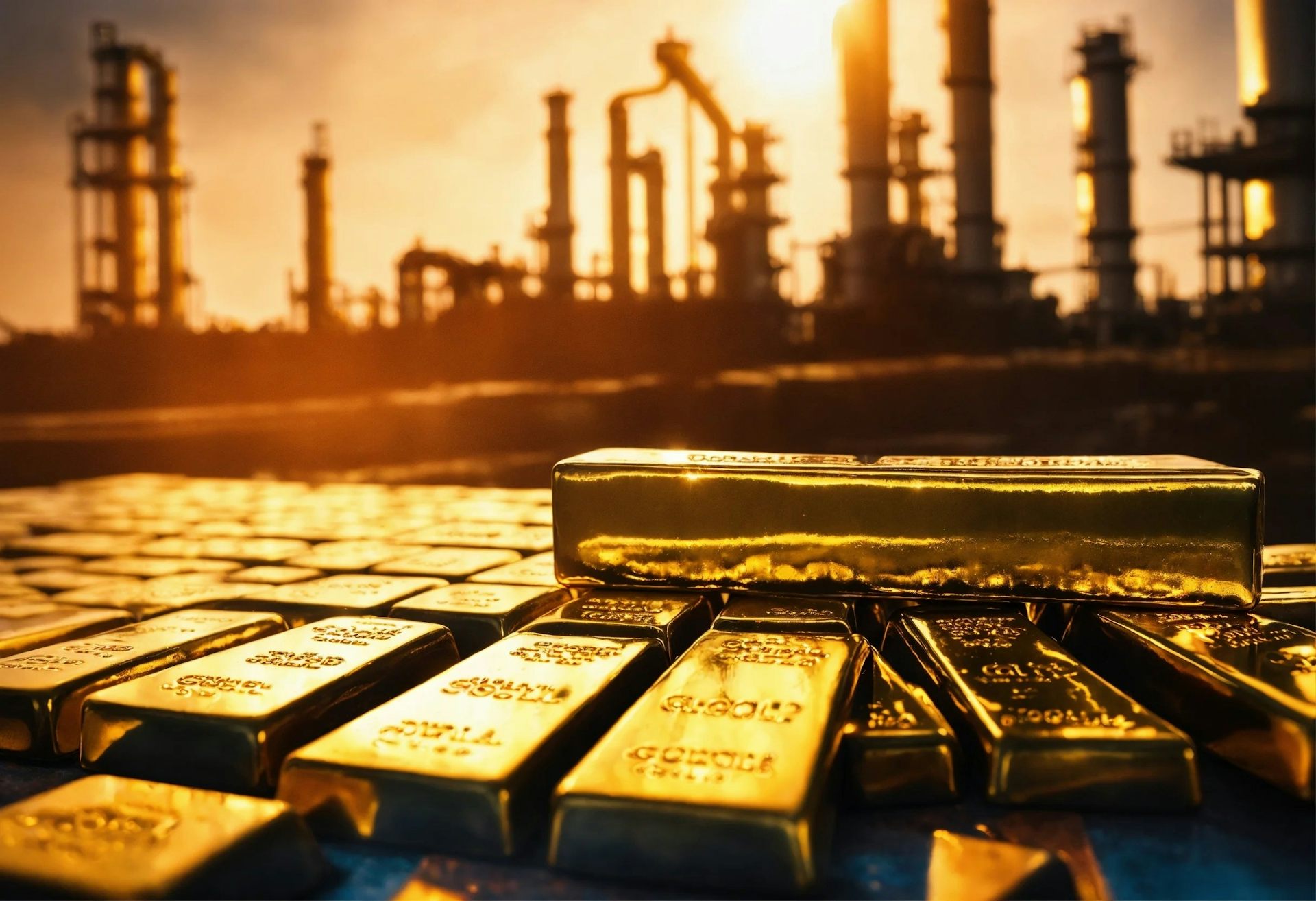 Lingotes de oro con instalaciones petroleras al fondo