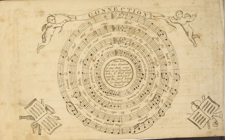 Fundador de America's Music: "Freedom Songs" del cantante y curtidor autodidacta ayudaron a provocar la revolución 1 La imagen descolorida muestra la partitura dispuesta en círculos concéntricos, con querubines y libros abiertos dibujados en los bordes.