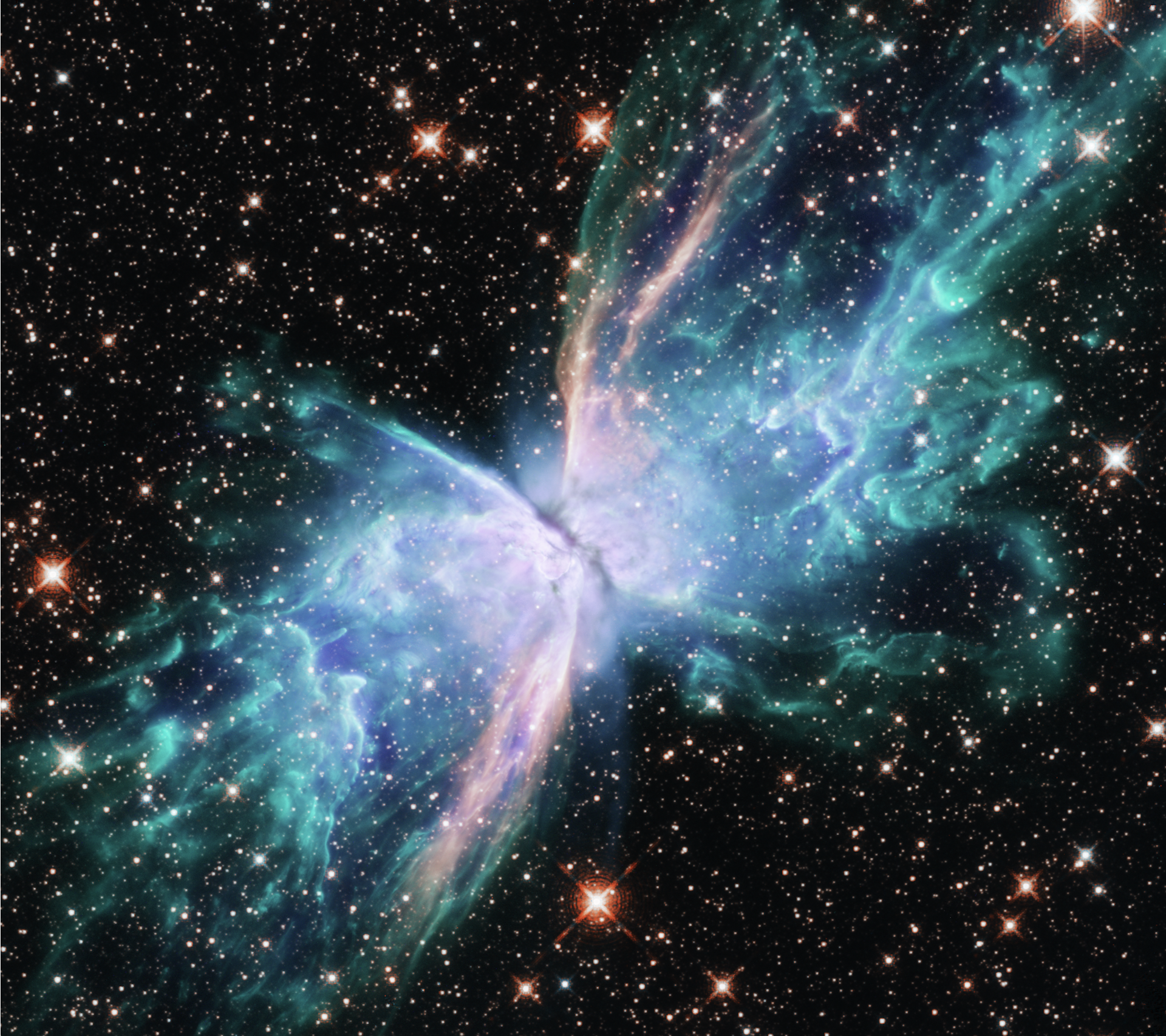 A dark night sky filled with stars and the pink and blue coloured and butterfly-shaped 'Butterfly Nebula.'