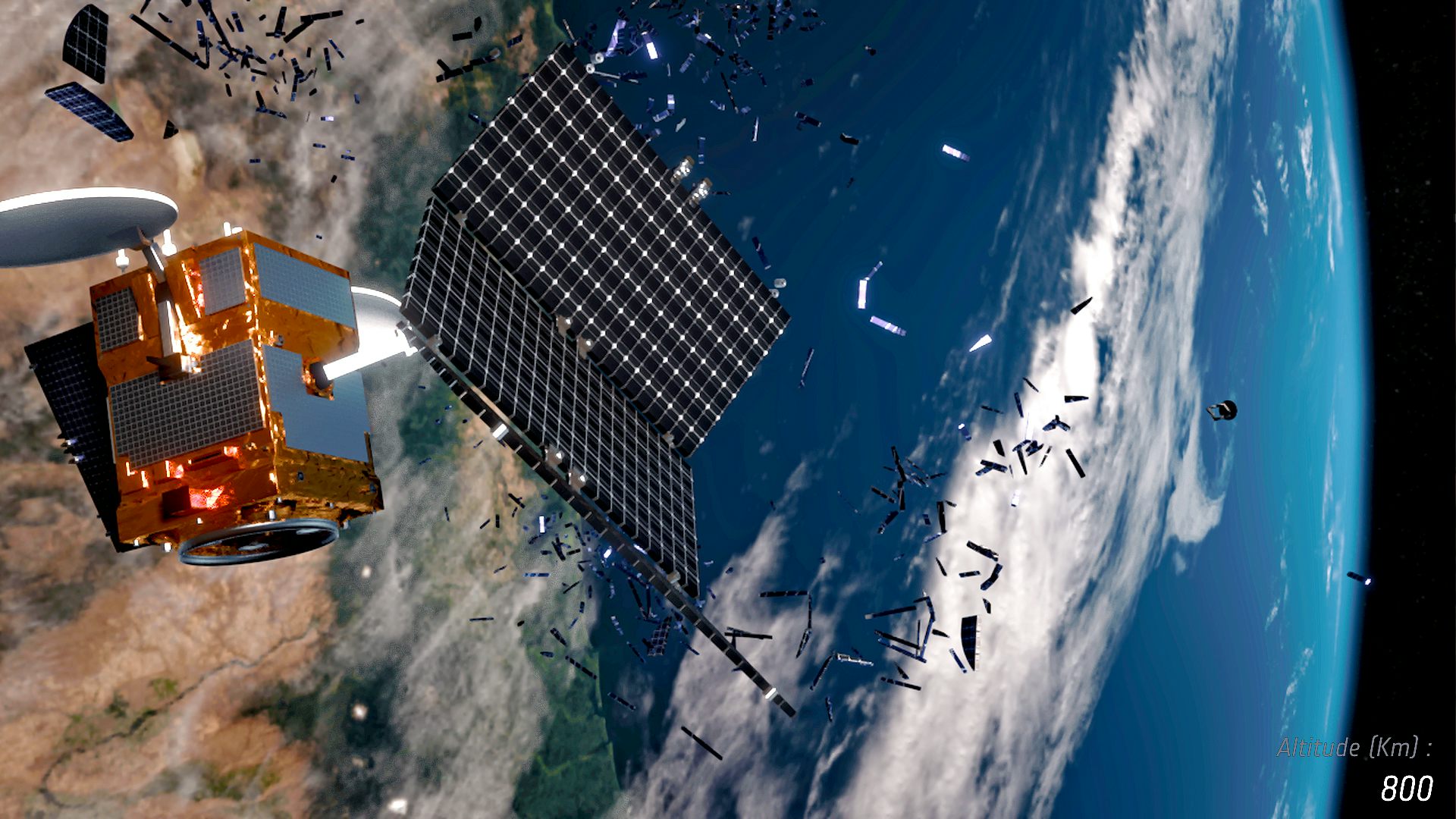 A satellite, breaking into fragments, with the Earth behind.