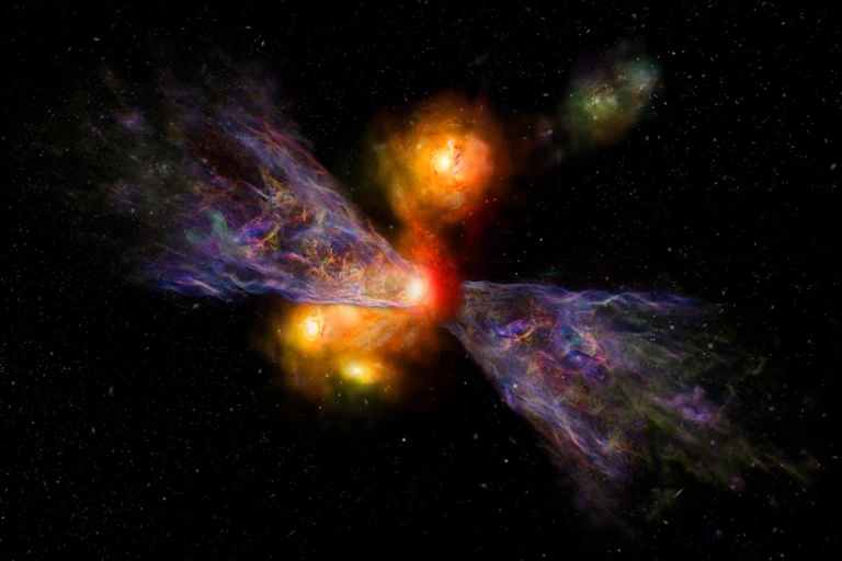 An illustration of a galaxy, showing stars, gas and winds.