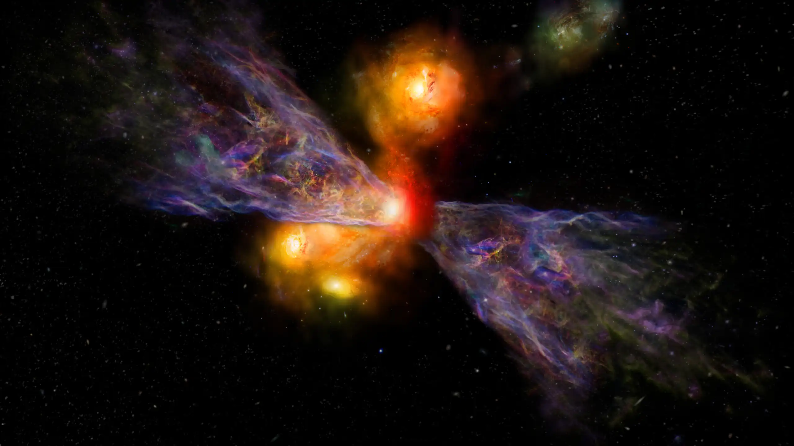 An illustration of a galaxy, showing stars, gas and winds.