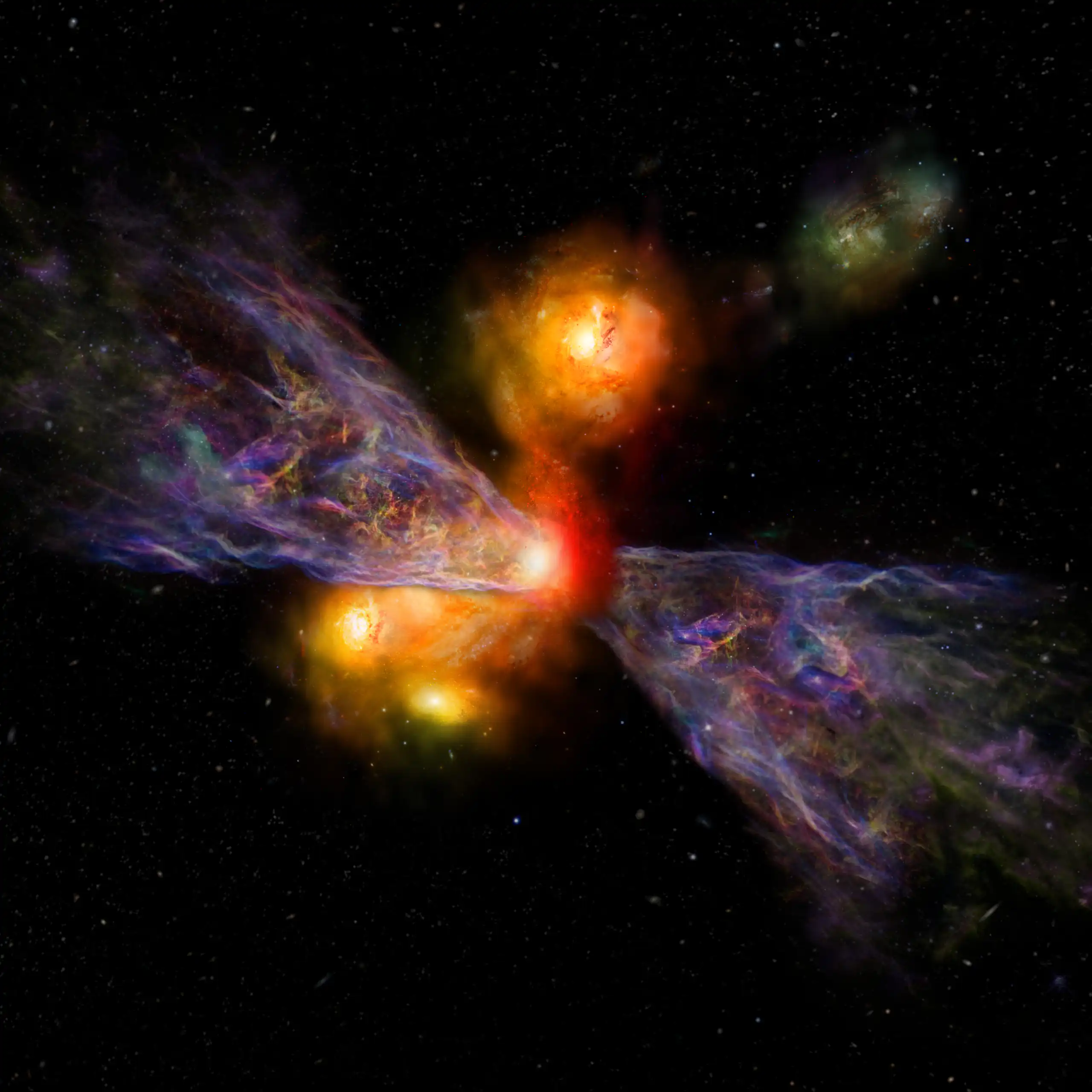 An illustration of a galaxy, showing stars, gas and winds.