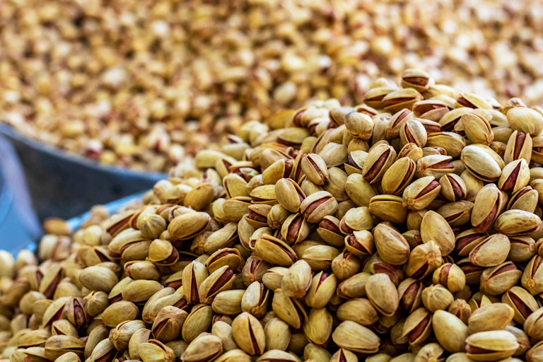 Pistachio nuts on display at a market in Iran.
