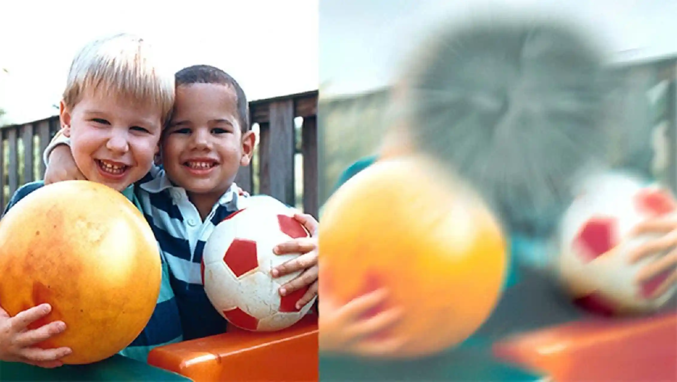 A sharp photo of two children next to a version of the same image that is hugely blurred in the centre.