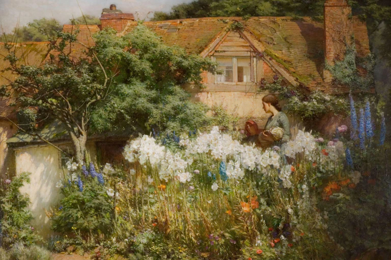 Painting of a woman gardening outside a cottage, surrounded by tall white lillies.