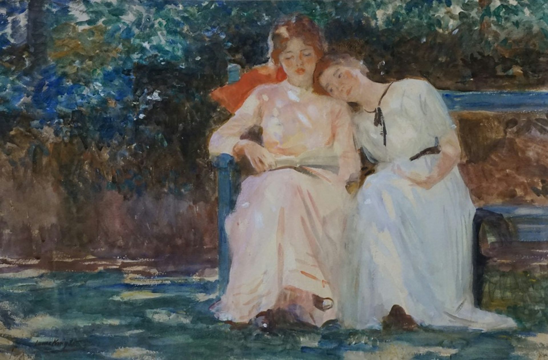 Painting of two girls sat on a bench in dappled sunlight. One reads, the other rests her head on her shoulder.