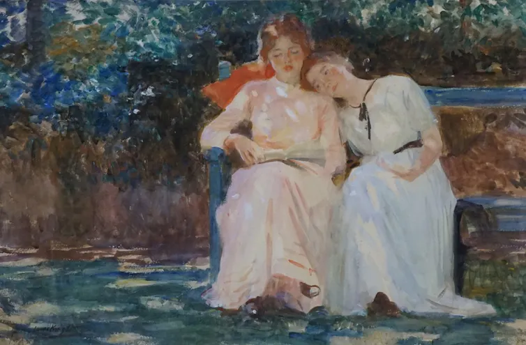 Painting of two girls sat on a bench in dappled sunlight. One reads, the other rests her head on her shoulder.