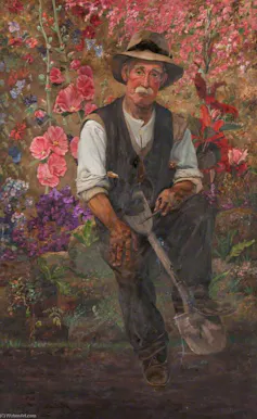Painting of an elderly man with a moustache sat among bright pink flowers, his gardener's spade resting against his leg.