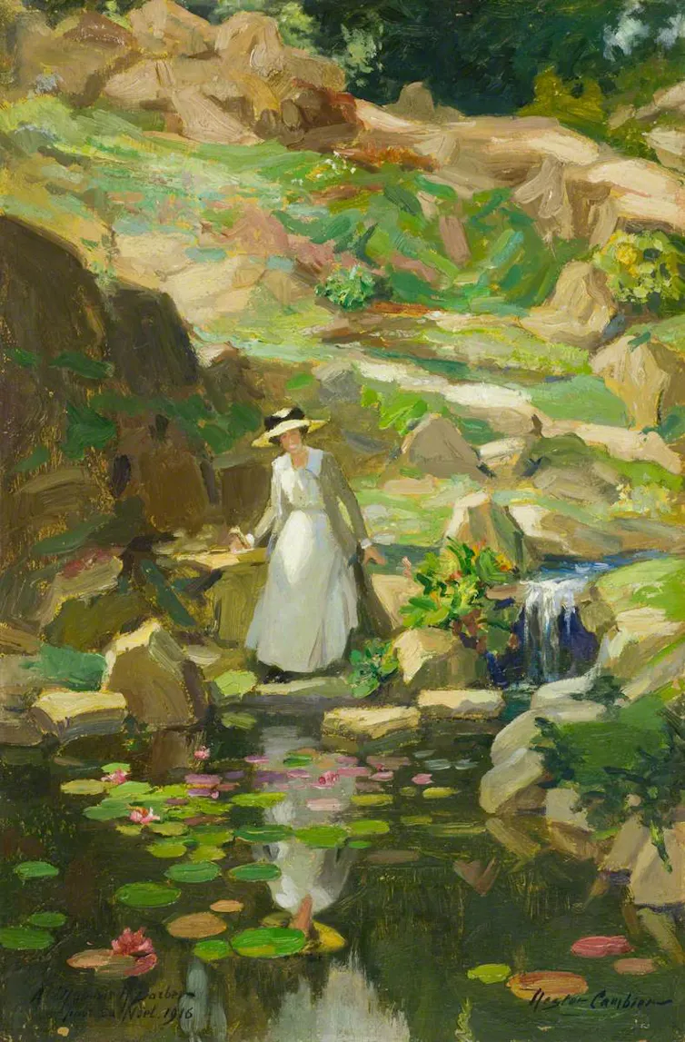 Painting of a Victorian lady by a rock pond