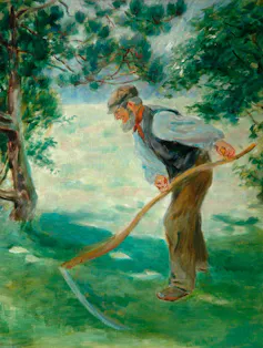 Painting of a man using a scythe to cut grass.